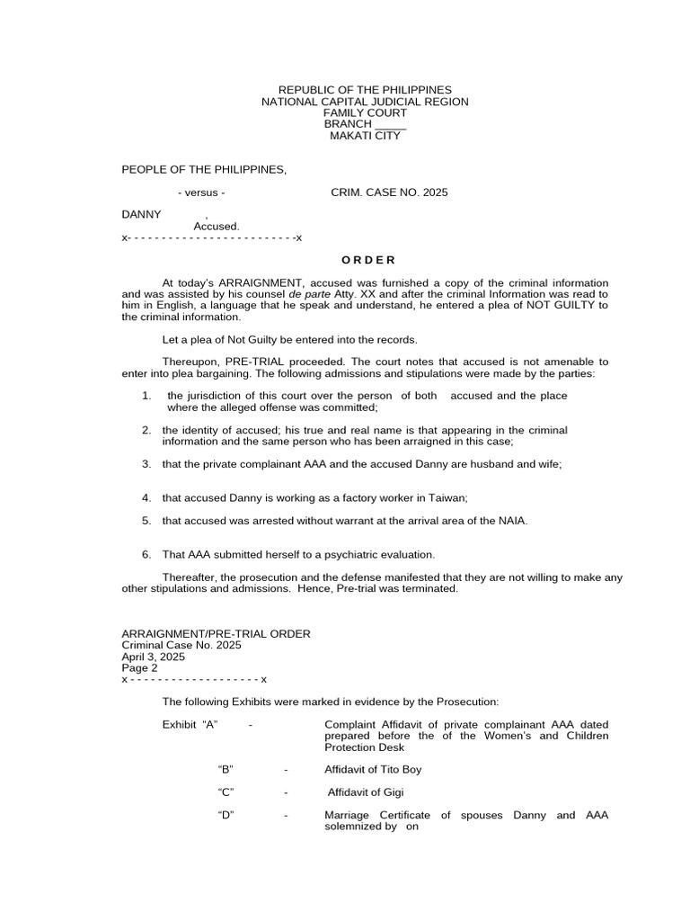 Arraignment and Pre-Trial Order 2025 | PDF | Arraignment | Plea