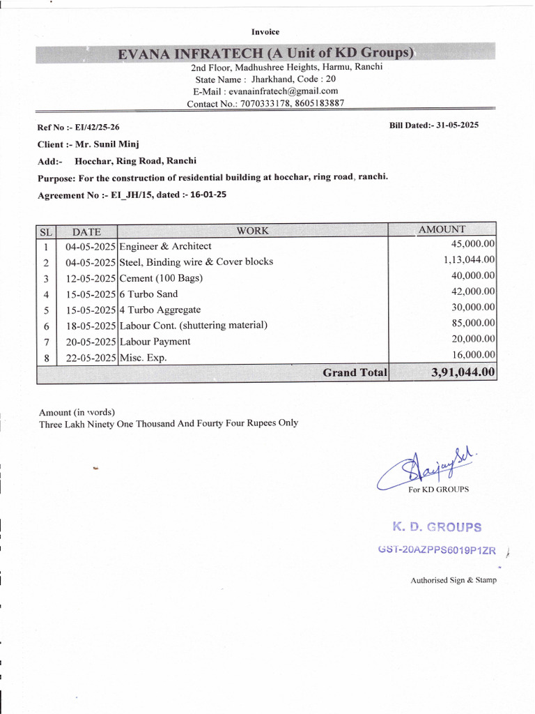 Sunil Minj Invoice | PDF