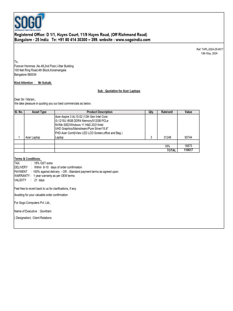 Acer Laptop Quotation for Koramangala | PDF