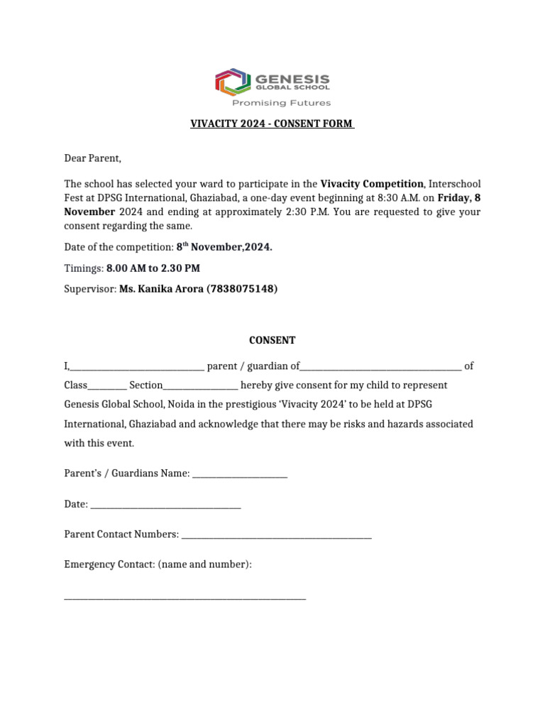 Vivacity 2024 Consent Form for Parents | PDF