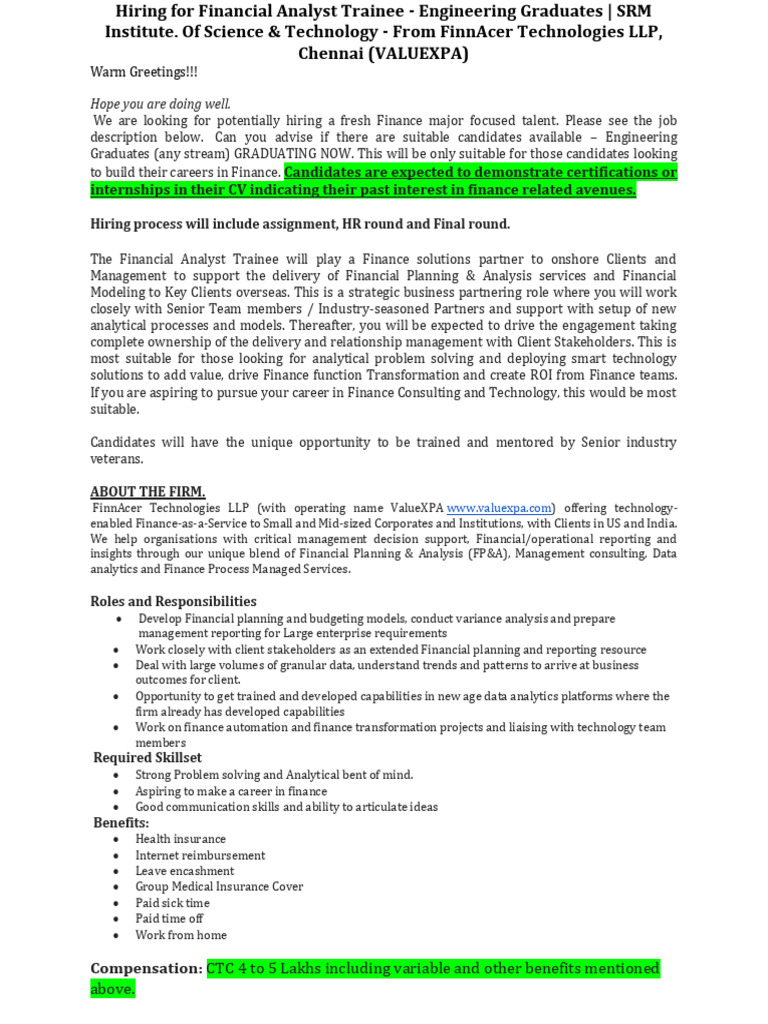 Job Description - Valuexpa - Hiring For Financial Analyst Traine | PDF ...