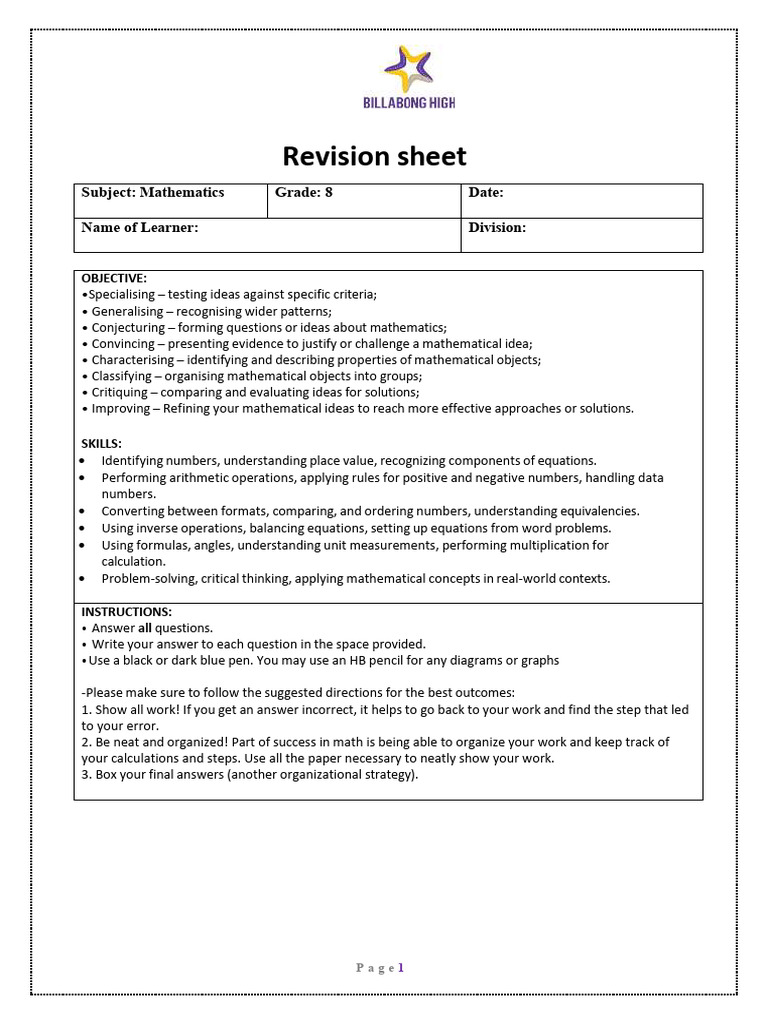 8th Grade Math Revision Sheet | PDF | Multiplication | Mathematics
