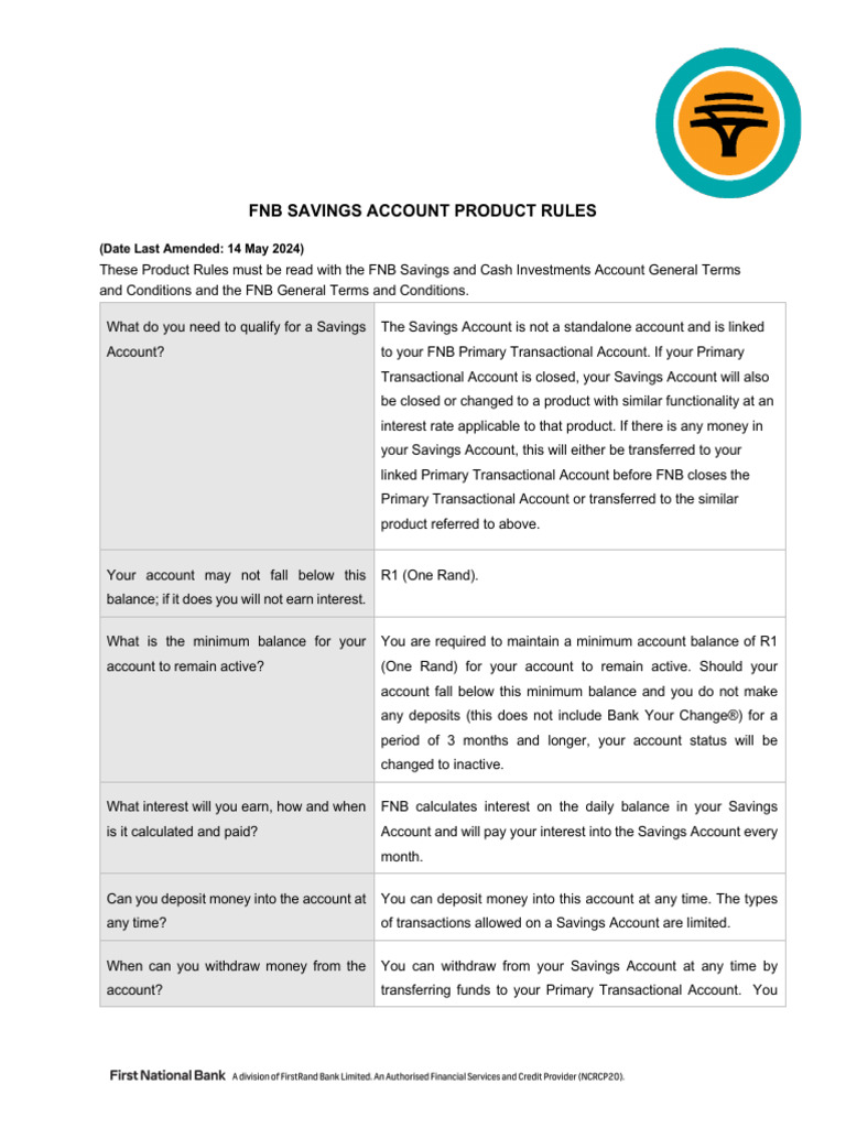FNB Savings Account Overview and Rules | PDF | Transaction Account | Banks