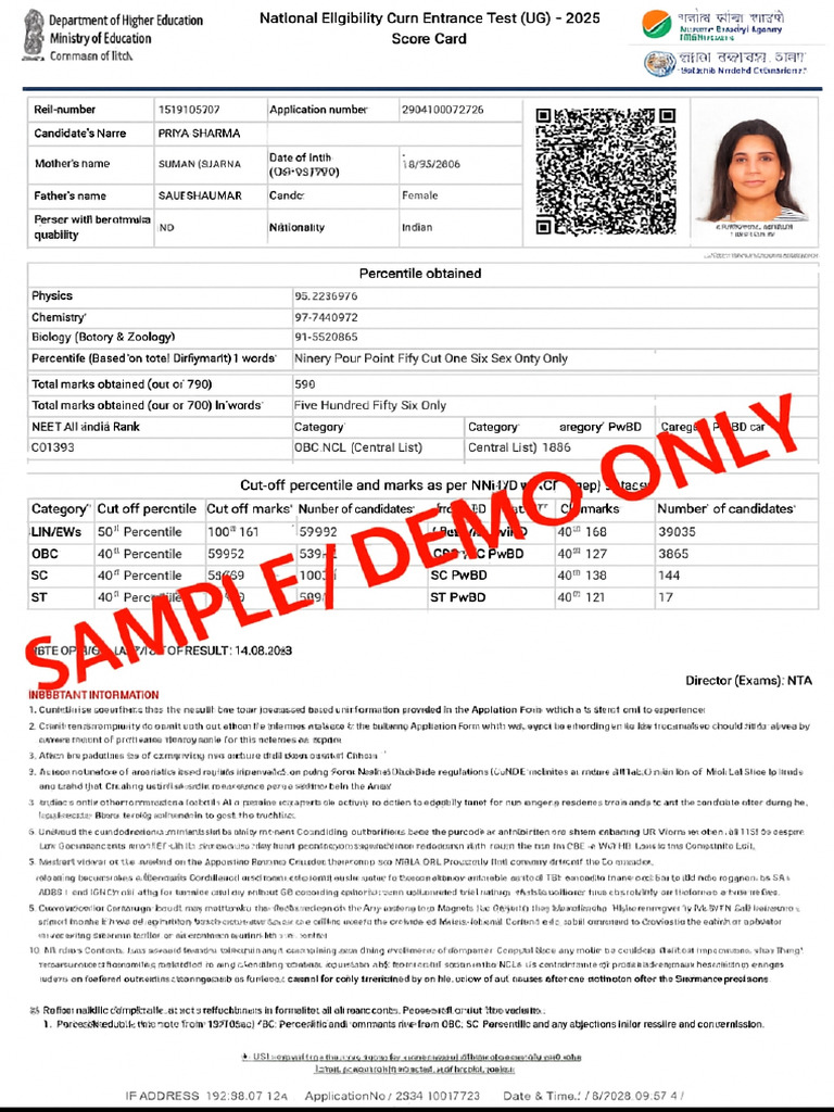 NEET 2025 Sample Scorecard 556 Marks | PDF