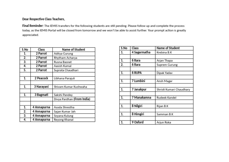 IEMIS Student Transfer Reminder List | PDF
