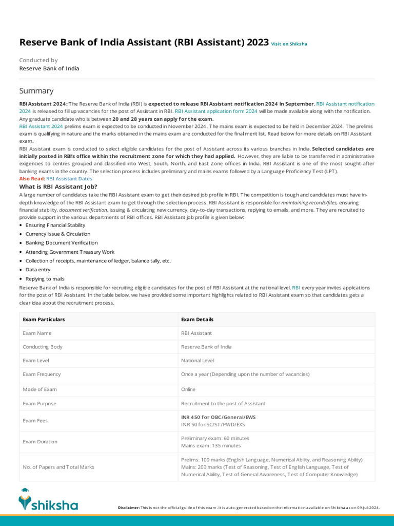 RBI Assistanat | PDF | Reserve Bank Of India