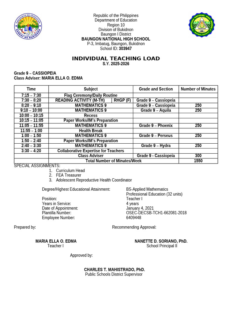 Grade 9 Teaching Load 2025-2026 | PDF
