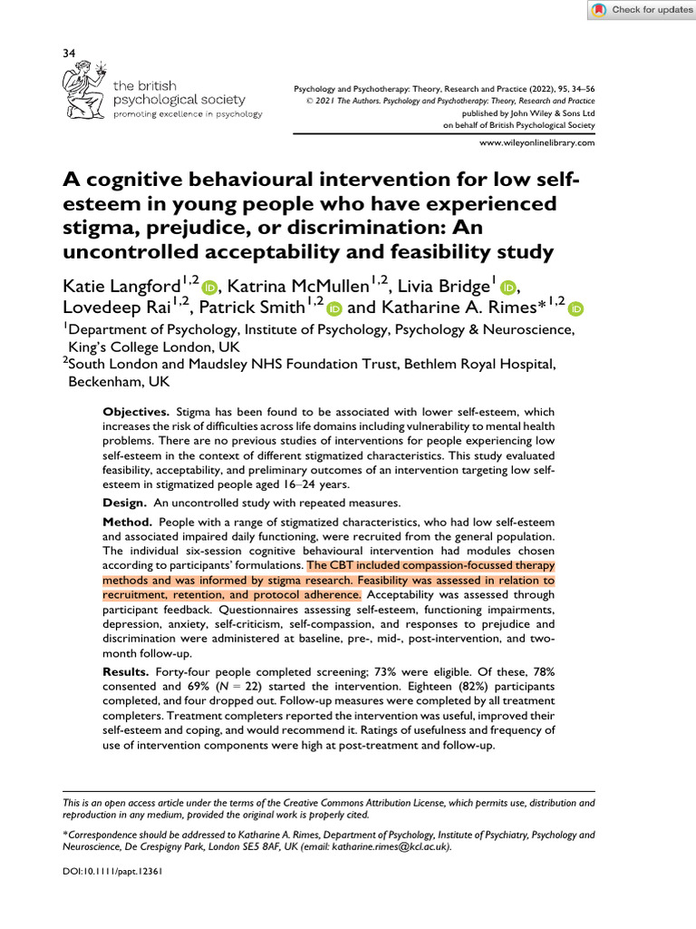 CBT for Low Self-Esteem in Stigmatized Youth | PDF | Social Stigma ...