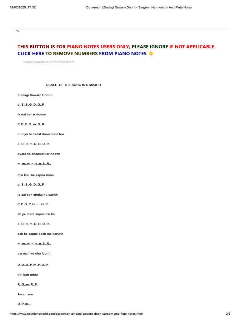 Doraemon Song Sargam & Flute Notes | PDF | Melody | Musical Notation
