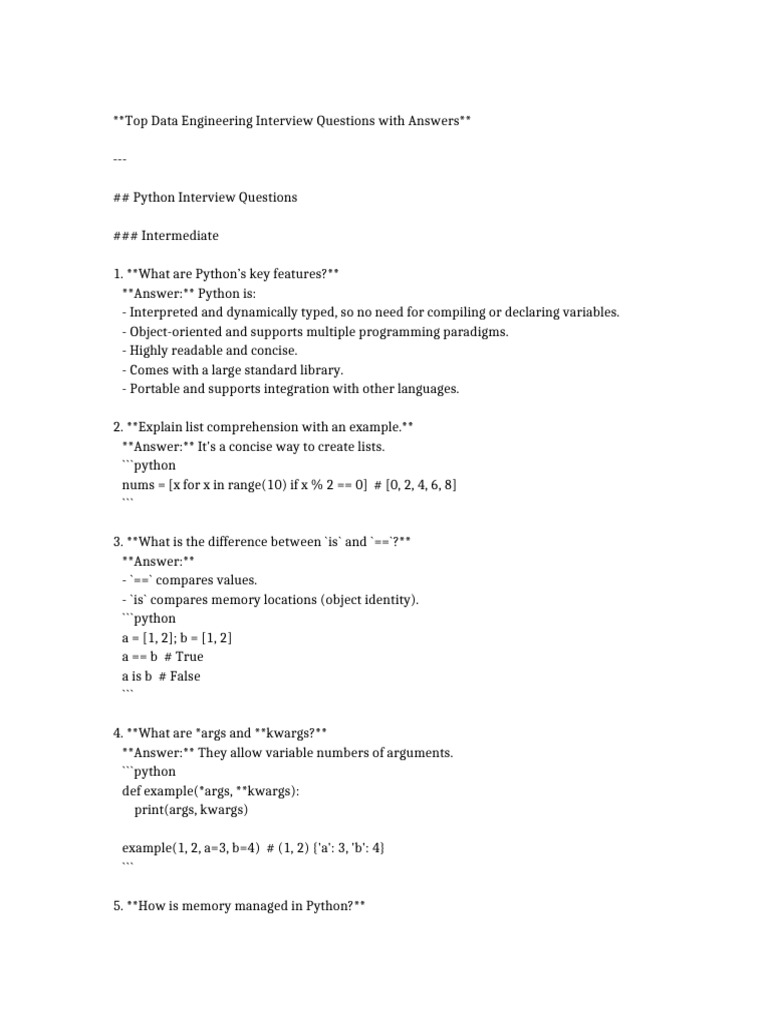 Data Engineering Interview Q&A Guide | PDF | Python (Programming ...