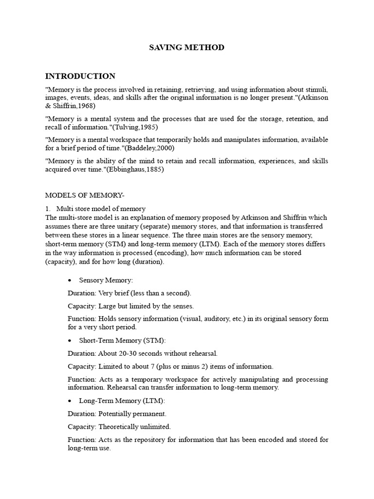 Psychology of Memory and Savings Methods | PDF | Memory | Long Term Memory