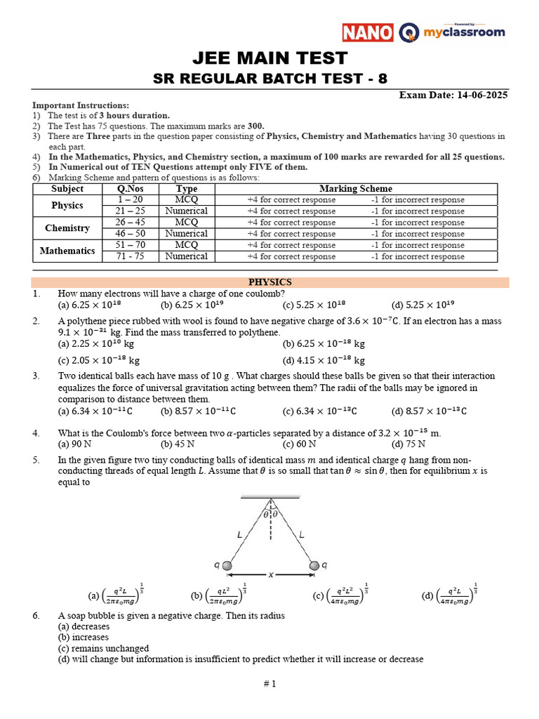 JEE Main Test 8: Physics, Chemistry, Math | PDF | Force | Ester