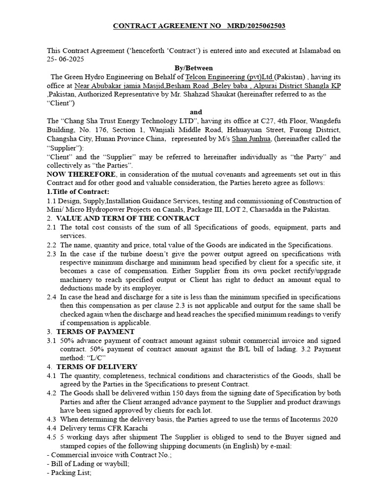 Mini Hydropower Project Contract Agreement | PDF | Arbitration ...