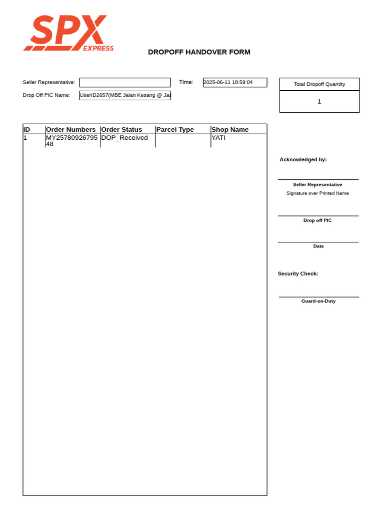Drop Off Handover Form Details | PDF