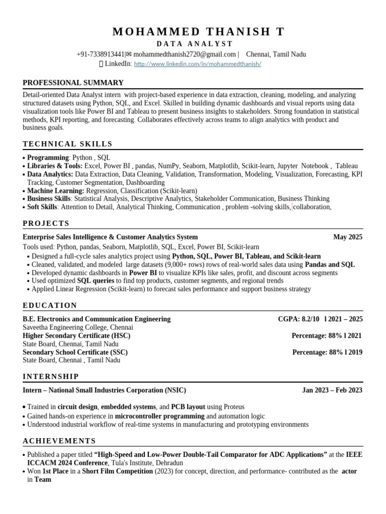 Data Analyst Intern Profile - Chennai | PDF | Analytics | Data Analysis