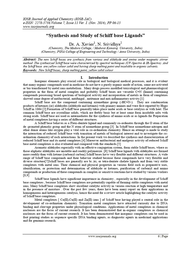 Synthesis of Schiff Base Ligands | PDF | Amine | Coordination Complex