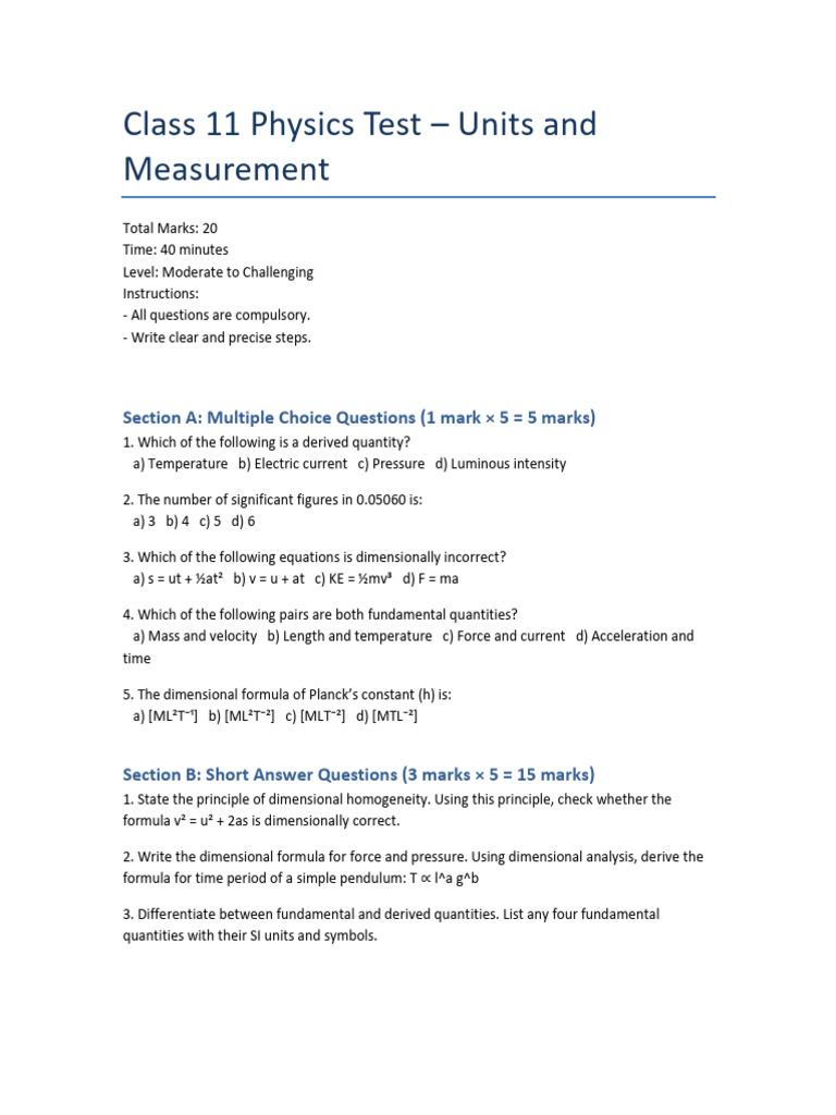 Class 11 Physics: Units & Measurements Test | PDF