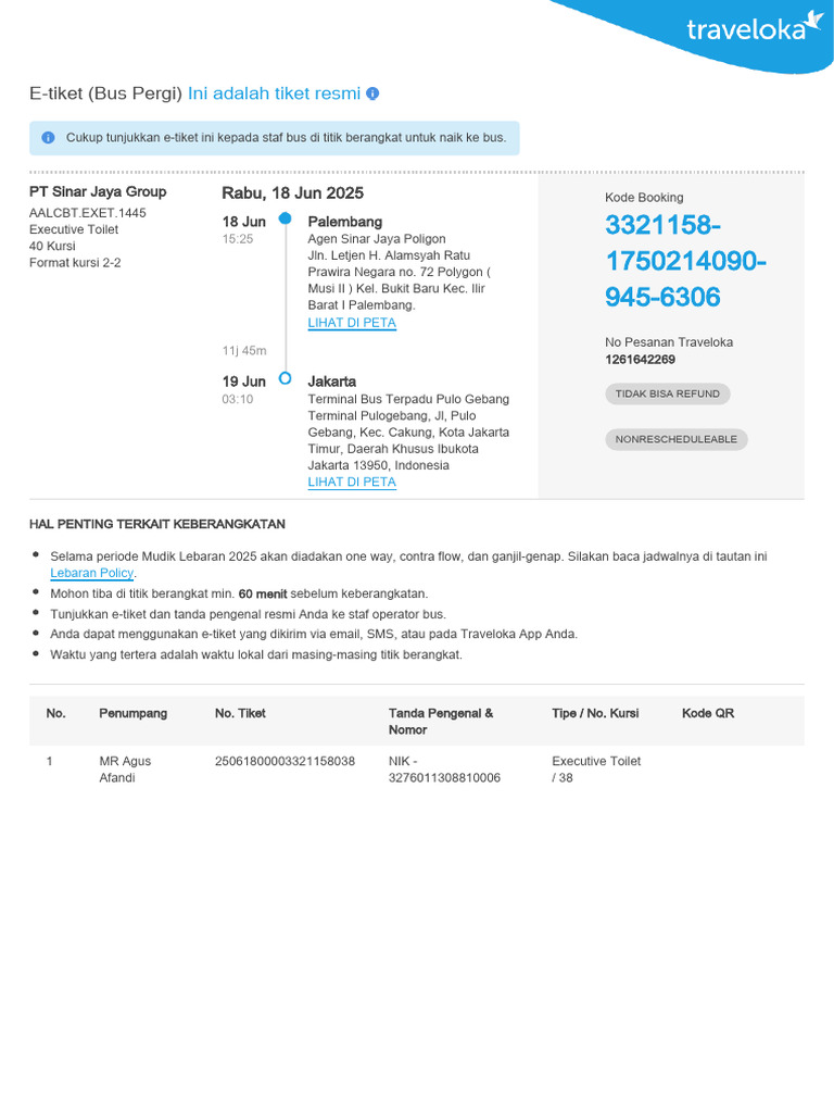 E-Tiket Bus Sinar Jaya Palembang-Jakarta | PDF
