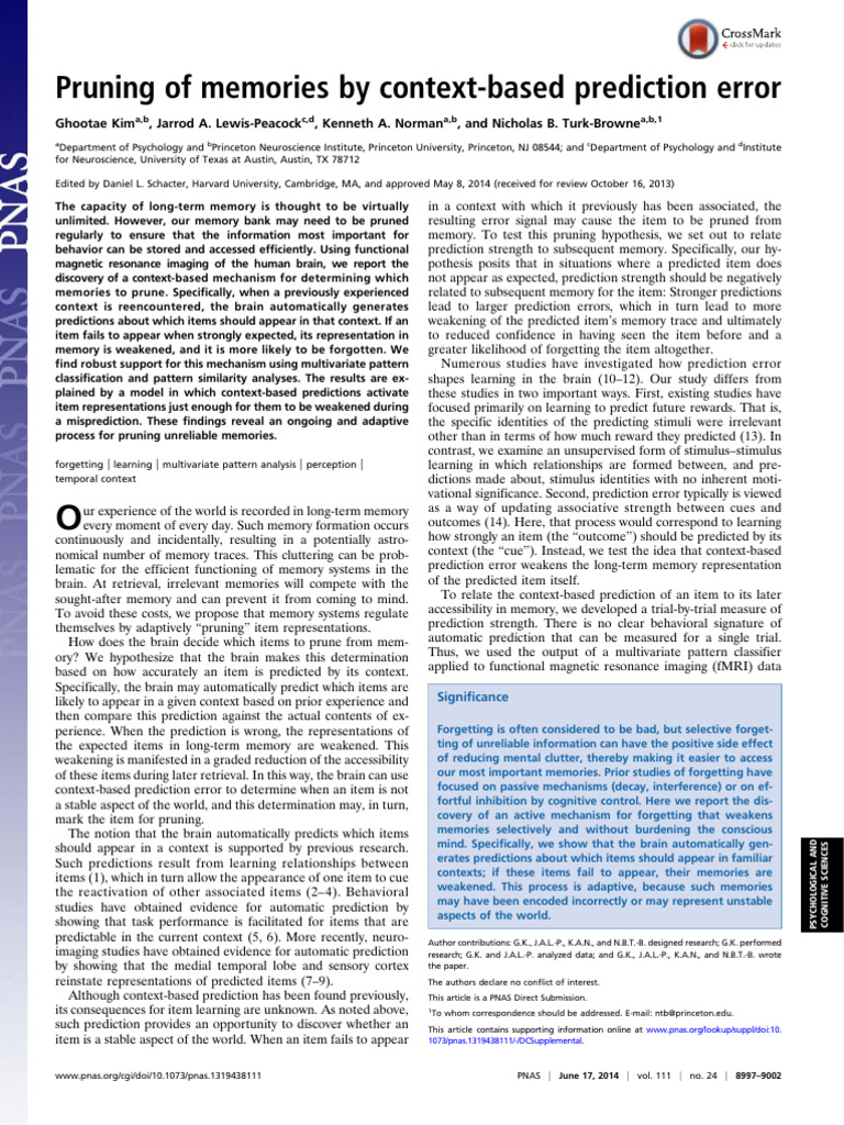 Kim Et Al 2014 Pruning of Memories by Context Based Prediction Error ...