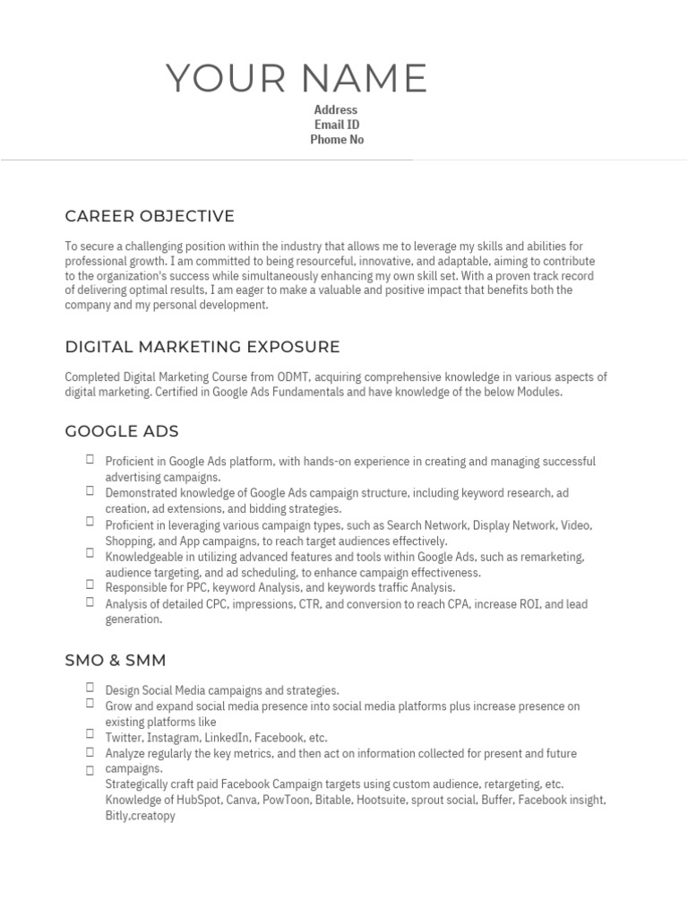 Digital Marketing Sample Resume - 1