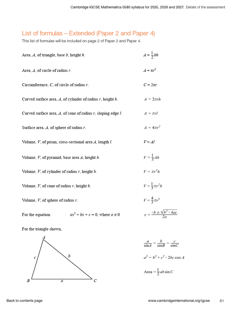 IGCSE Maths 0580 Formula Sheet 2025 | PDF | Area | Sphere