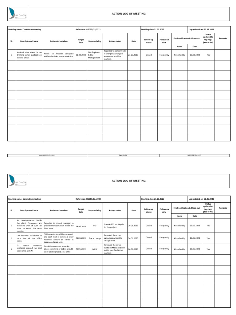 Meeting Action Log: Welfare & Safety Issues | PDF