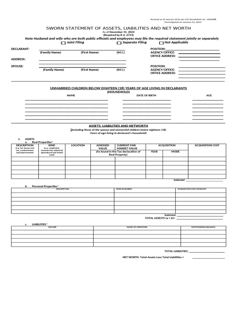 SALN Form for Public Officials 2024 | PDF | Net Worth | Economies