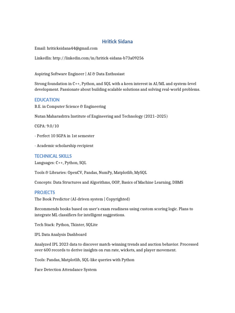 Hritick Sidana TCS Prime Resume - 1