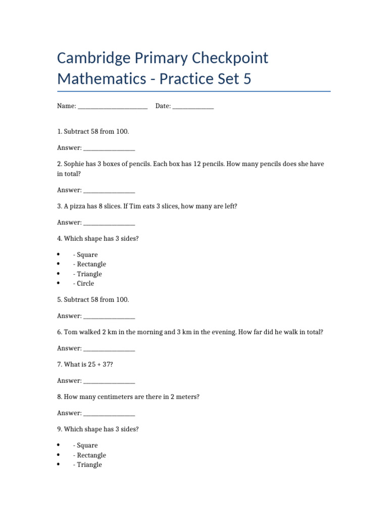 Cambridge Primary Math Practice Set | PDF