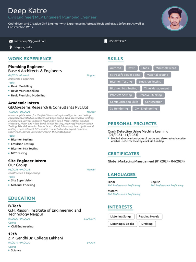 Civil & MEP Engineer Profile - Nagpur | PDF | Autodesk Revit | Civil ...