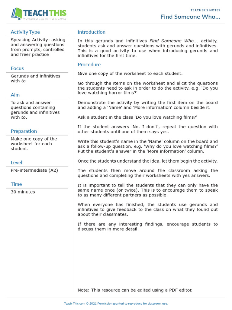 Find Someone Who Gerunds and Infinitives | PDF