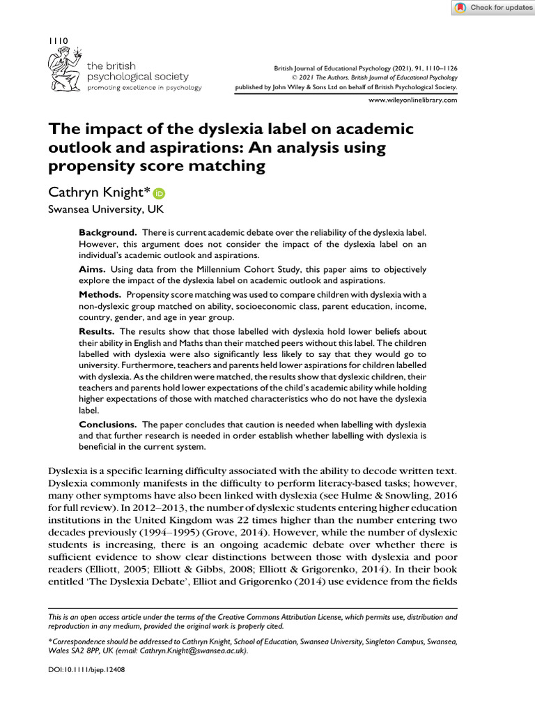 Brit J of Edu Psychol - 2021 - Knight - The Impact of The Dyslexia ...