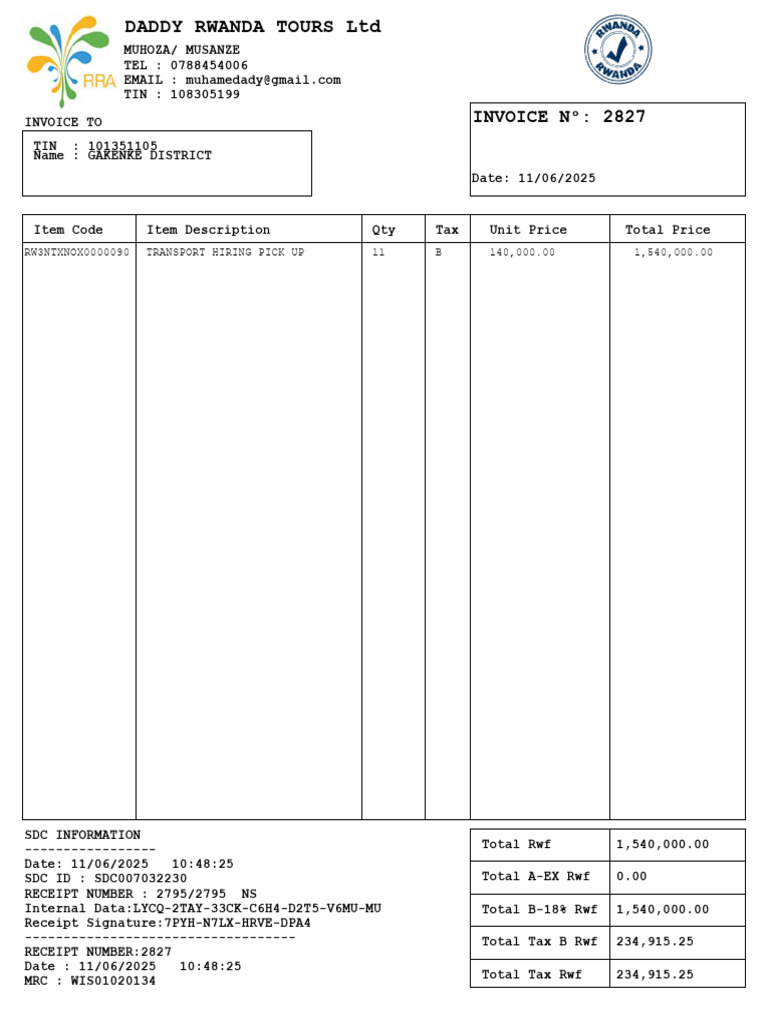 Invoice for Transport Services in Rwanda | PDF