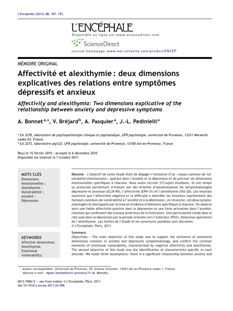 Affectivity and Alexithymia in Anxiety | PDF | Affect (Psychology ...