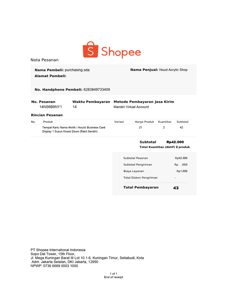 Rincian Pembayaran Pesanan Shopee | PDF