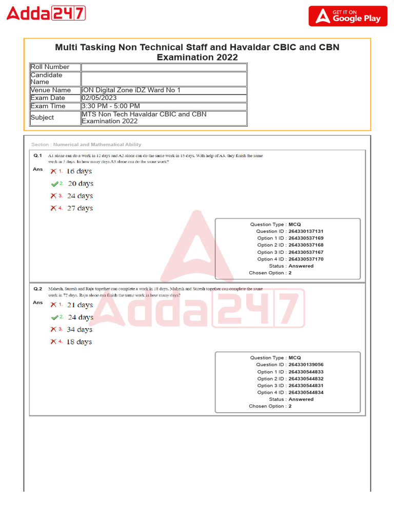 MTS Non-Tech Havaldar Exam 2022 MCQs | PDF | Multiple Choice ...