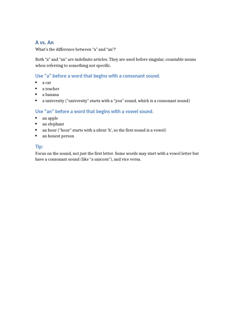 A vs. An: Usage Guide | PDF