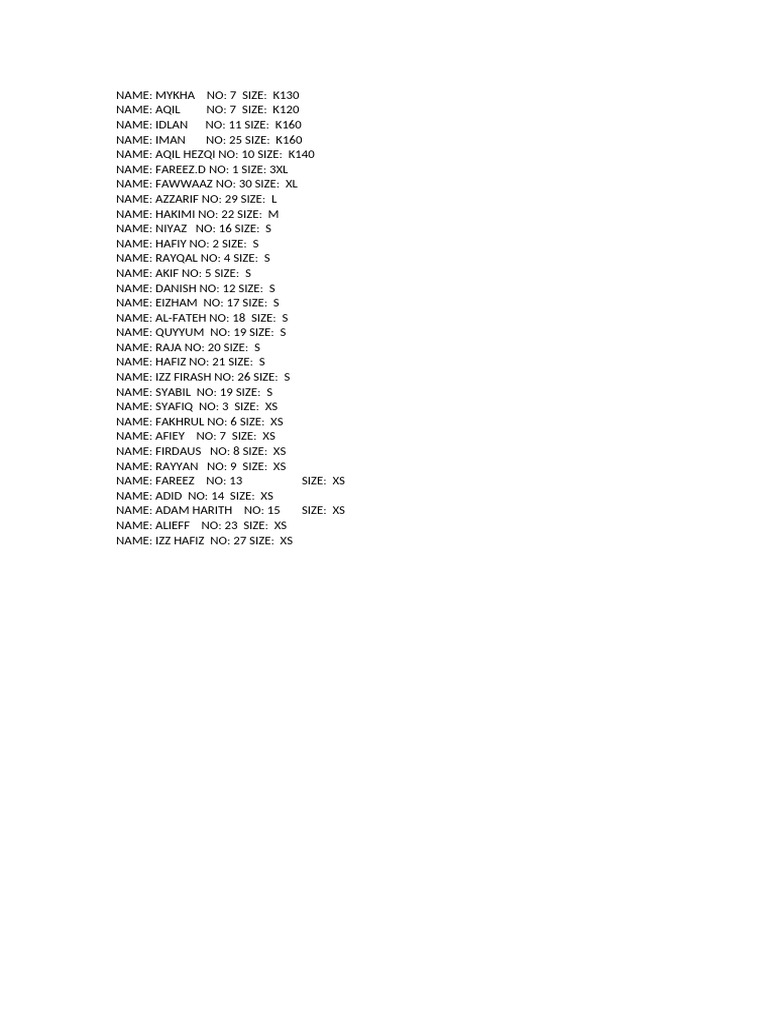 Clothing Size Inventory List | PDF