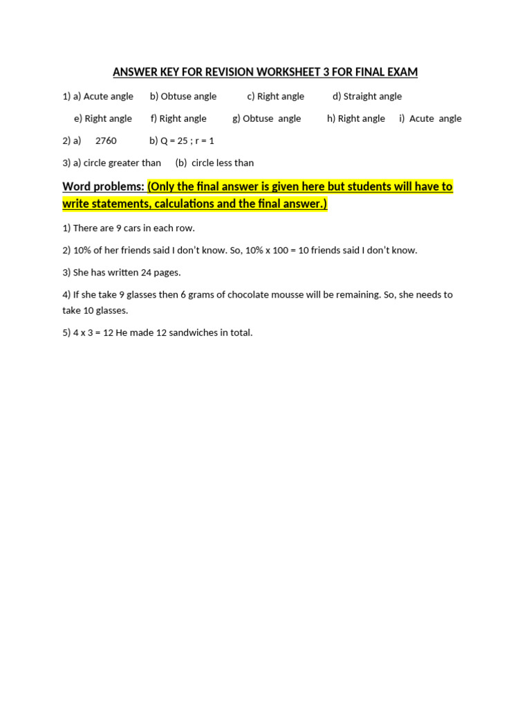 Answer Key For Revision Worksheet 3 For Final Exam Grade 3 | PDF