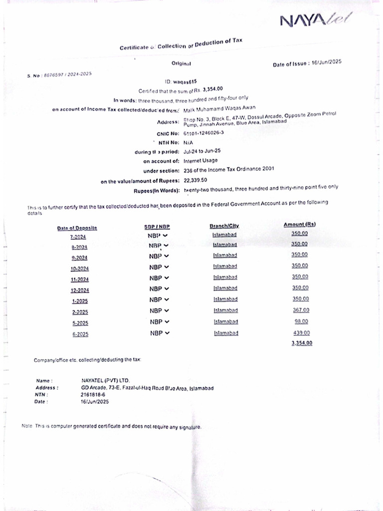 Nayatel WHT Certificate | PDF
