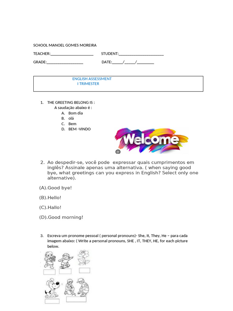 Avaliação de Inglês - 1º Trimestre | PDF