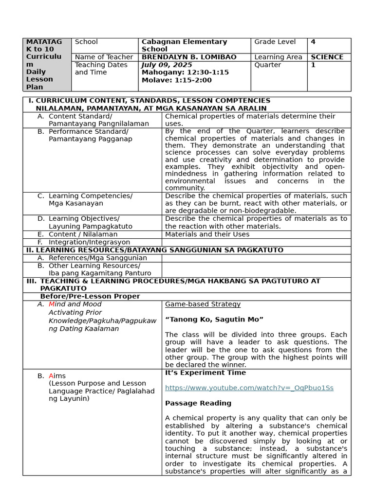 Grade 4 Science Lesson Plan: Chemical Properties | PDF | Learning ...