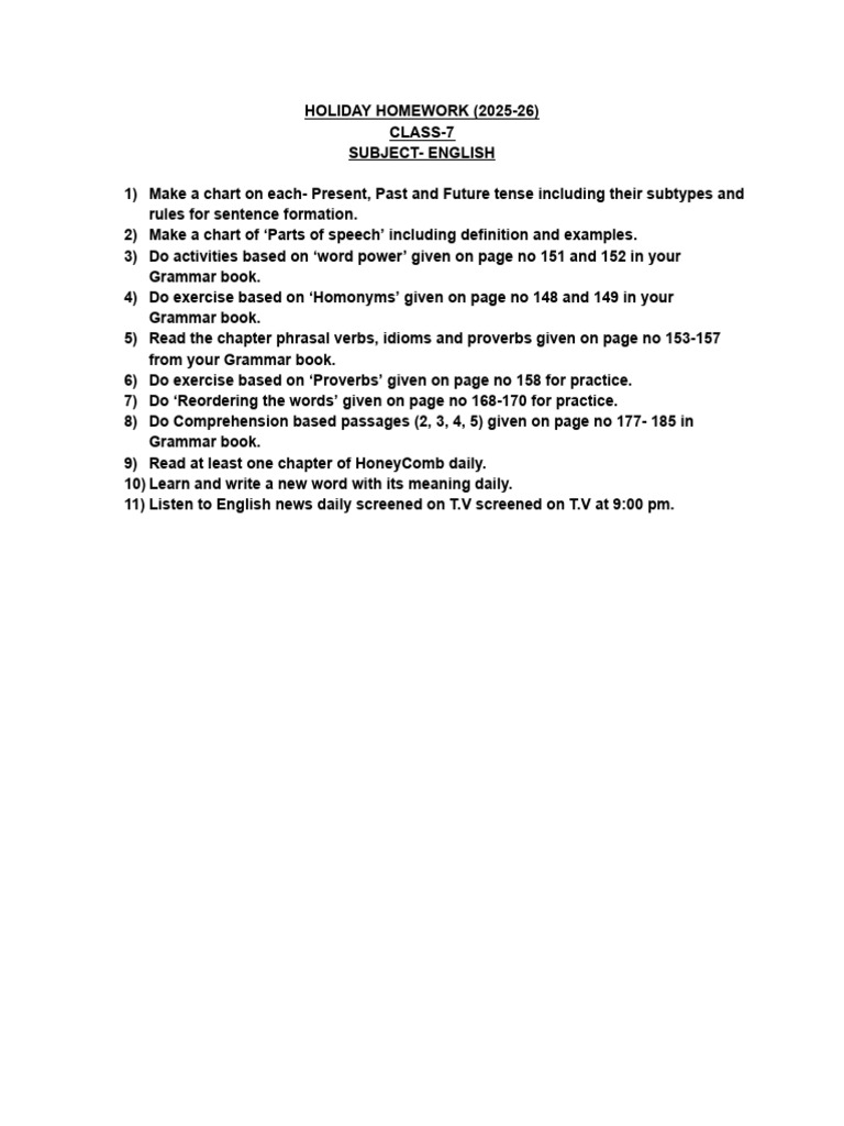 Class 7 English Holiday Homework 2025-26 | PDF