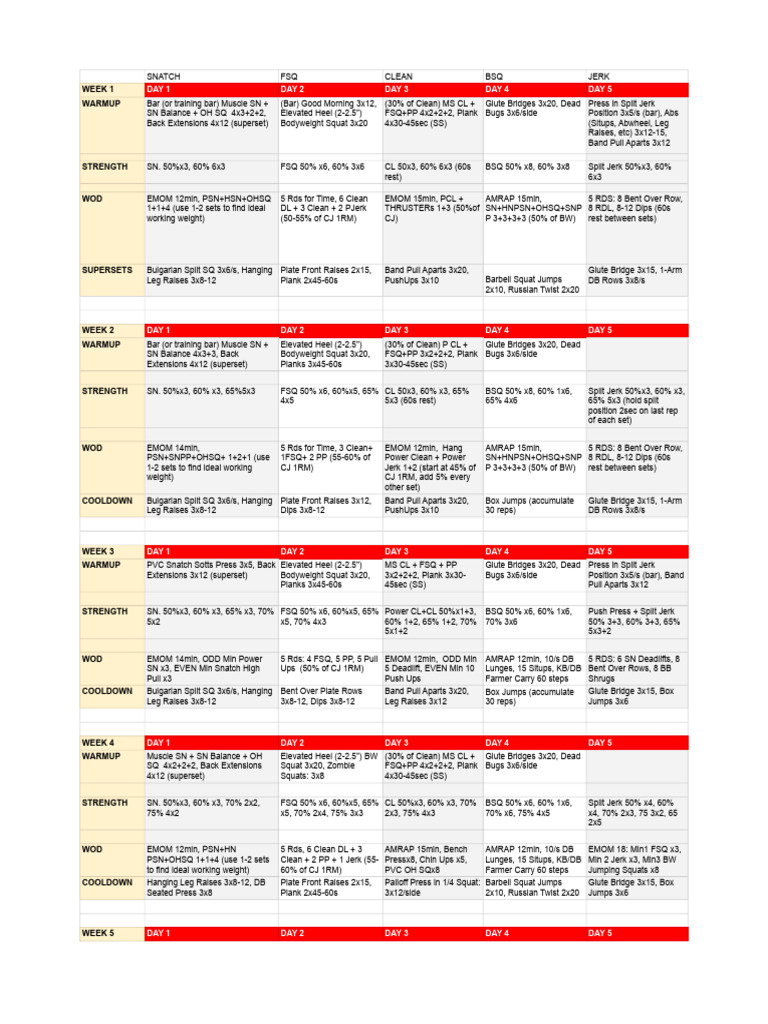 WL & CONDITIONING PROGRAM - Sheet1 | PDF | Physical Exercise | Physical ...