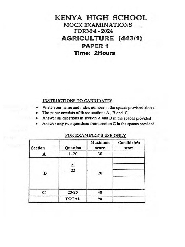 2024 Kenya High Mock Agriculture PP1 Qs | PDF