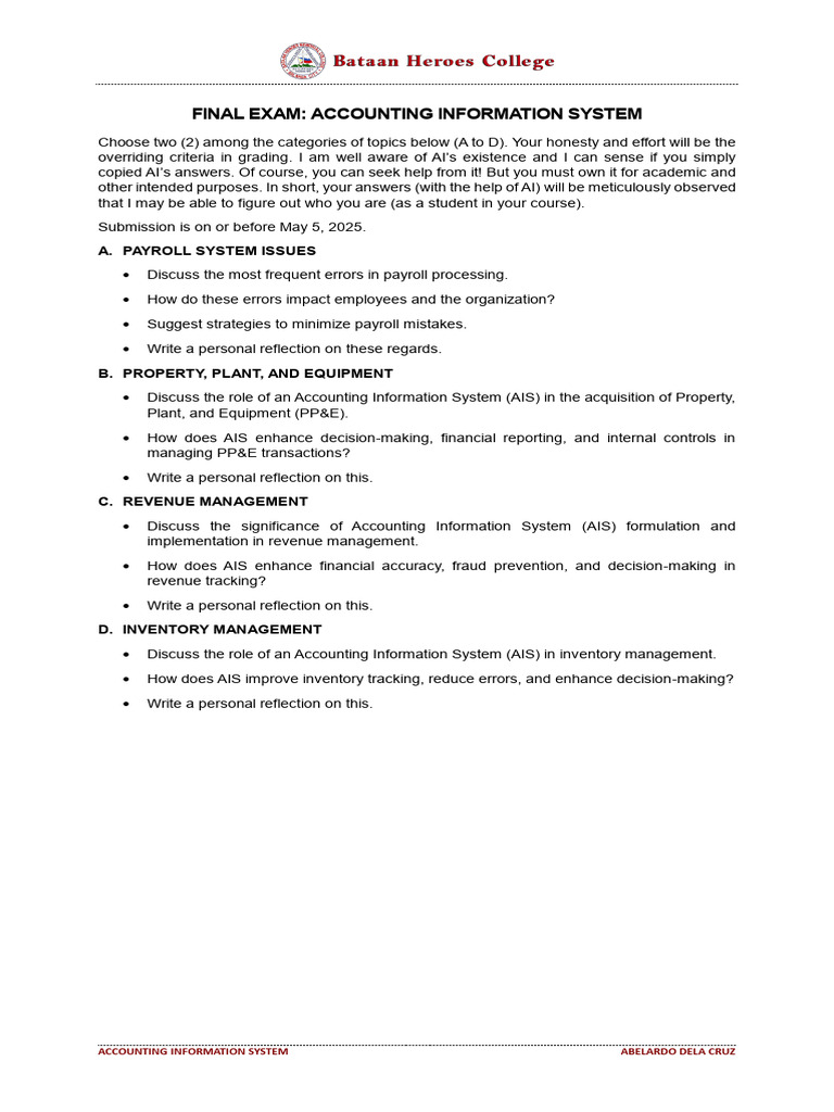 AIS Final Exam Instructions | PDF