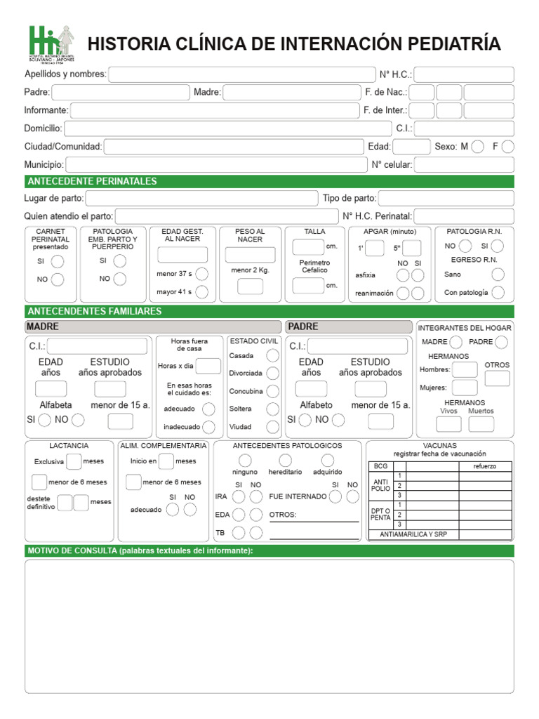 HC Internacion Pediatria Form Final-2 | PDF | Especialidades Medicas ...