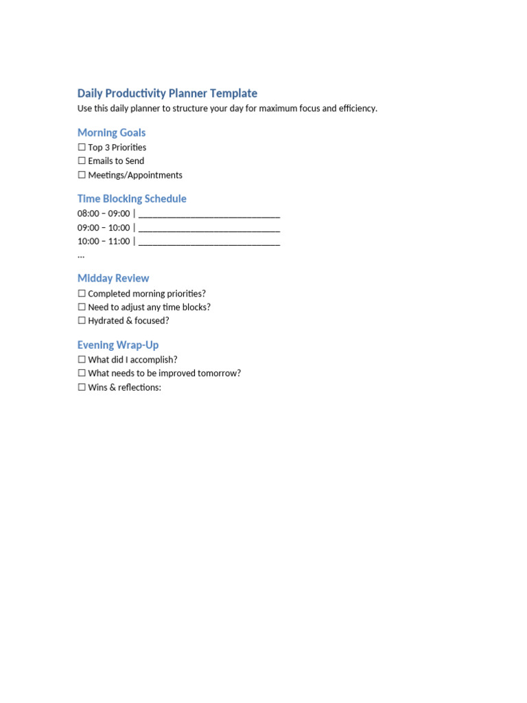 Daily Productivity Planner Template | PDF