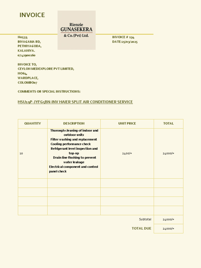 Air Conditioner Service Invoice 134 | PDF