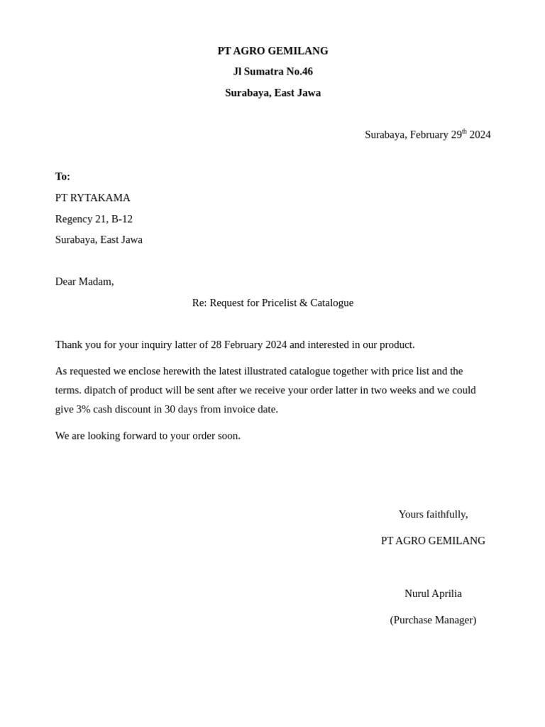 172 - Nurul Aprilia - PAP 22 E - Reply Inquiry Letter (PT RYTAKAMA) | PDF